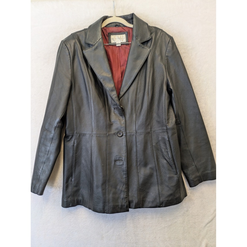 Worthington Leather Blazer Jacket Women's Large‎ Black 3-Button Burgundy Lined